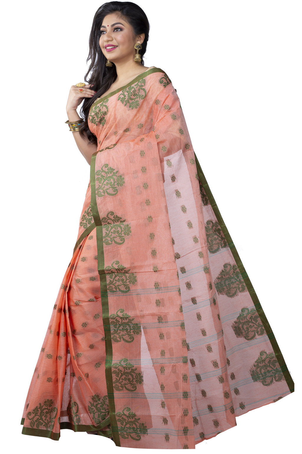 Light Orange Pure Cotton Botgach Tant Saree (539)